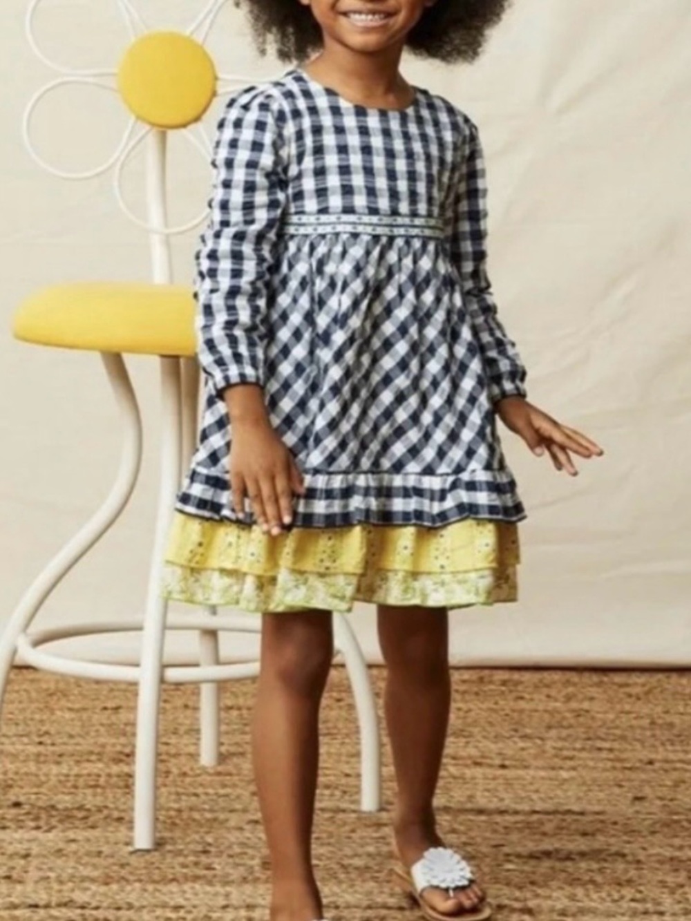 NWT Matilda Jane Girls Gingham & Giggles Textured Dress in Navy Blue & Yellow 8
